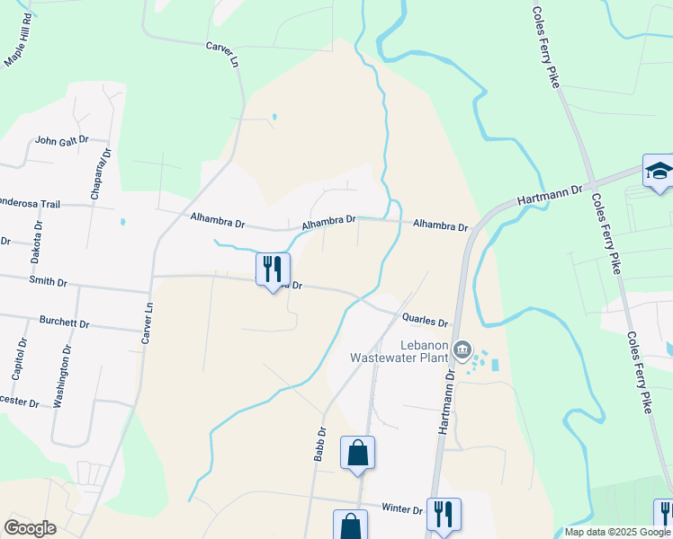 map of restaurants, bars, coffee shops, grocery stores, and more near 1407 Toshiba Drive in Lebanon