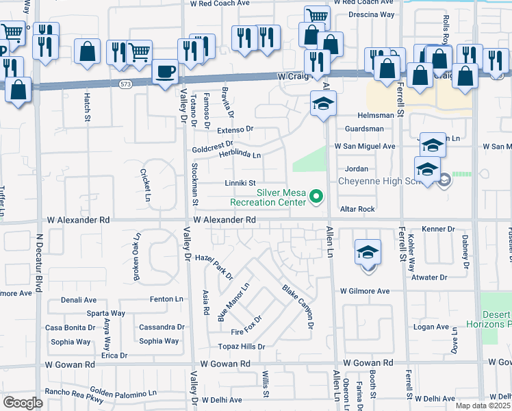 map of restaurants, bars, coffee shops, grocery stores, and more near 3938 Redfield Avenue in North Las Vegas