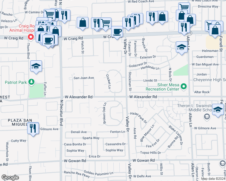 map of restaurants, bars, coffee shops, grocery stores, and more near 4400 Twin Peaks Drive in North Las Vegas