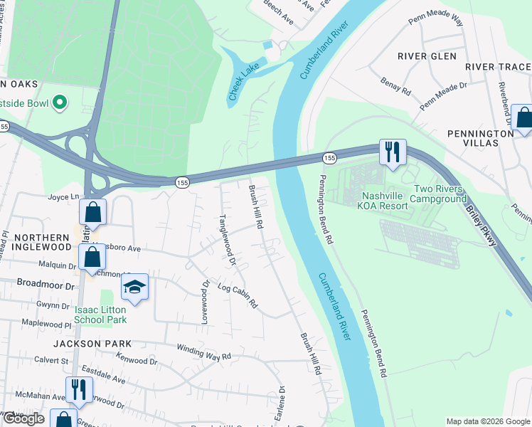 map of restaurants, bars, coffee shops, grocery stores, and more near 4300 Brush Hill Road in Nashville