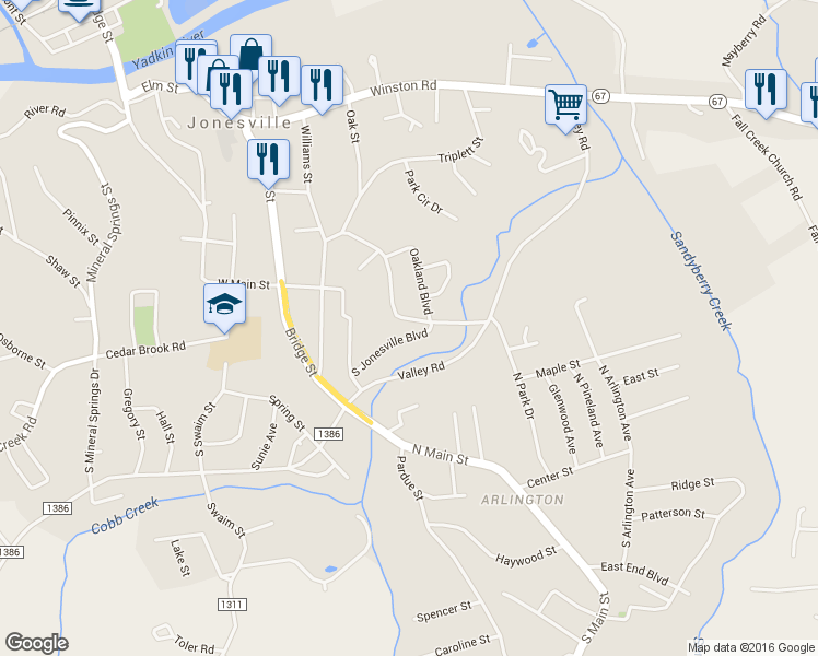 map of restaurants, bars, coffee shops, grocery stores, and more near 214 South Jonesville Boulevard in Jonesville