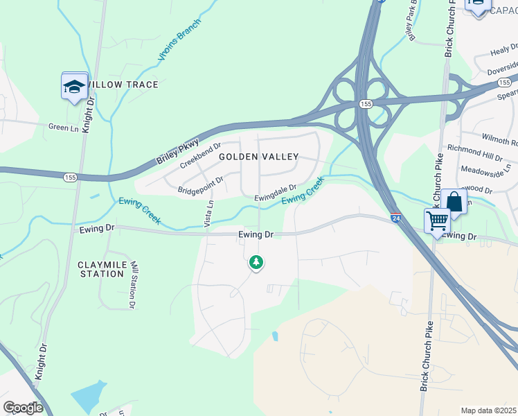 map of restaurants, bars, coffee shops, grocery stores, and more near Gwynwood Drive in Nashville