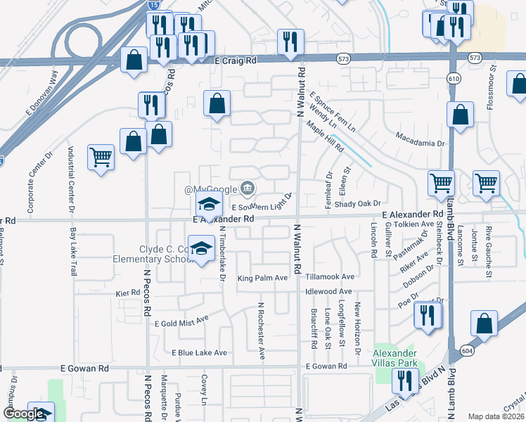 map of restaurants, bars, coffee shops, grocery stores, and more near 3807 East Southern Light Drive in Las Vegas