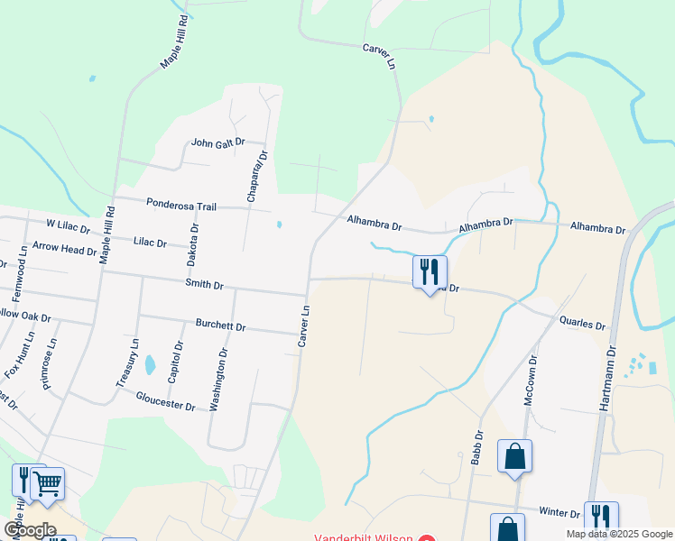 map of restaurants, bars, coffee shops, grocery stores, and more near 1443A Toshiba Drive in Lebanon