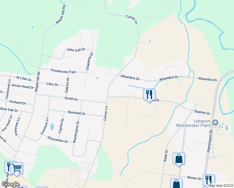 map of restaurants, bars, coffee shops, grocery stores, and more near 1445 Toshiba Drive in Lebanon