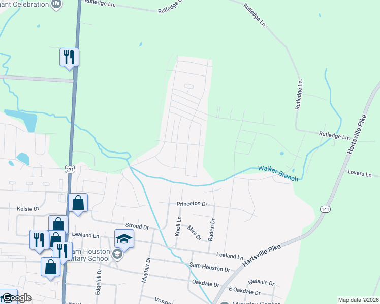 map of restaurants, bars, coffee shops, grocery stores, and more near 818 Long Leaf Road in Lebanon