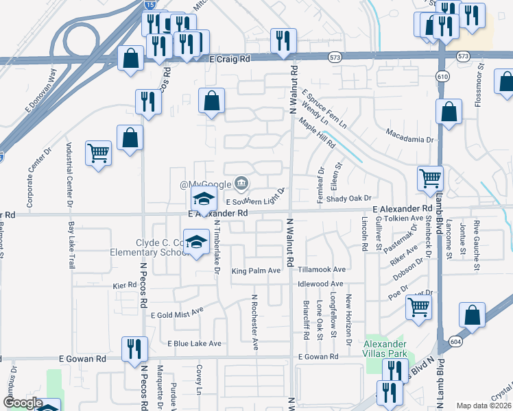 map of restaurants, bars, coffee shops, grocery stores, and more near 3807 East Southern Light Drive in Las Vegas