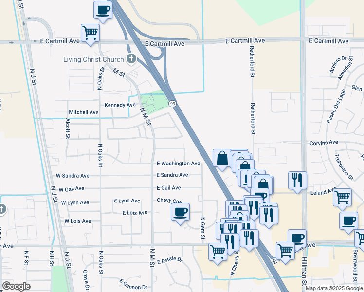 map of restaurants, bars, coffee shops, grocery stores, and more near 468 East Roosevelt Avenue in Tulare