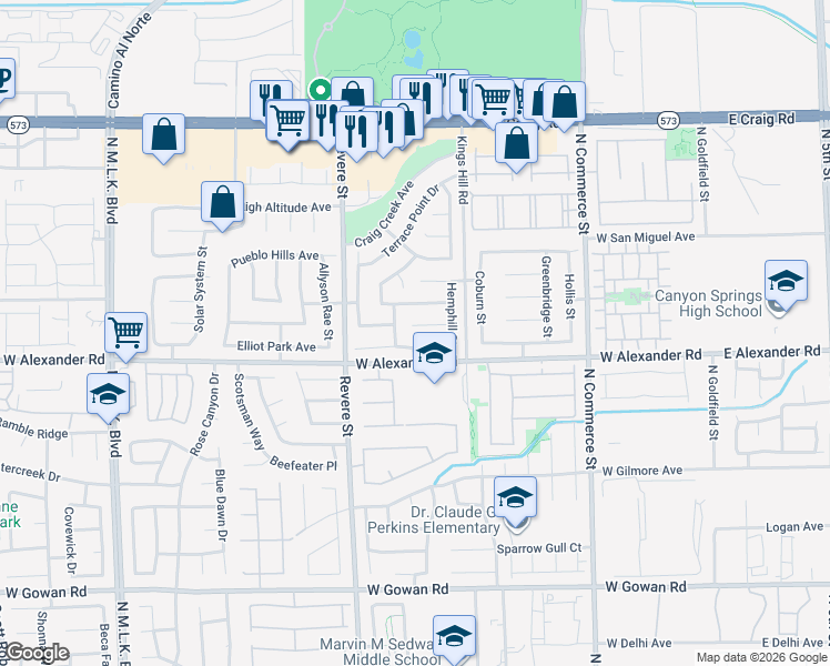 map of restaurants, bars, coffee shops, grocery stores, and more near 627 Spritlake Court in North Las Vegas