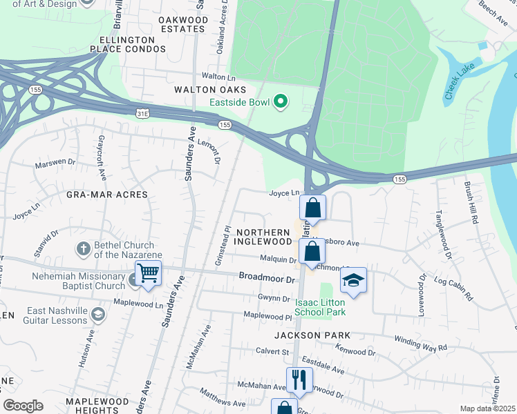 map of restaurants, bars, coffee shops, grocery stores, and more near 4822 Lindell Street in Nashville