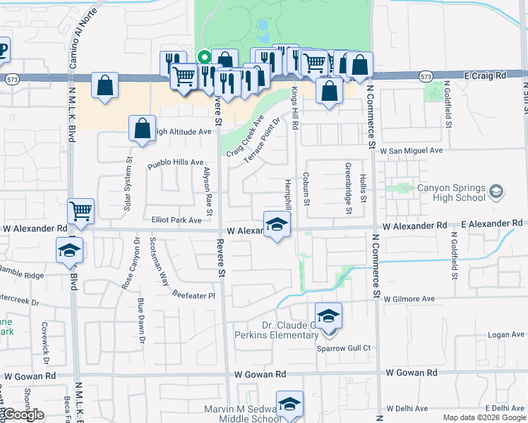 map of restaurants, bars, coffee shops, grocery stores, and more near 627 Spritlake Court in North Las Vegas
