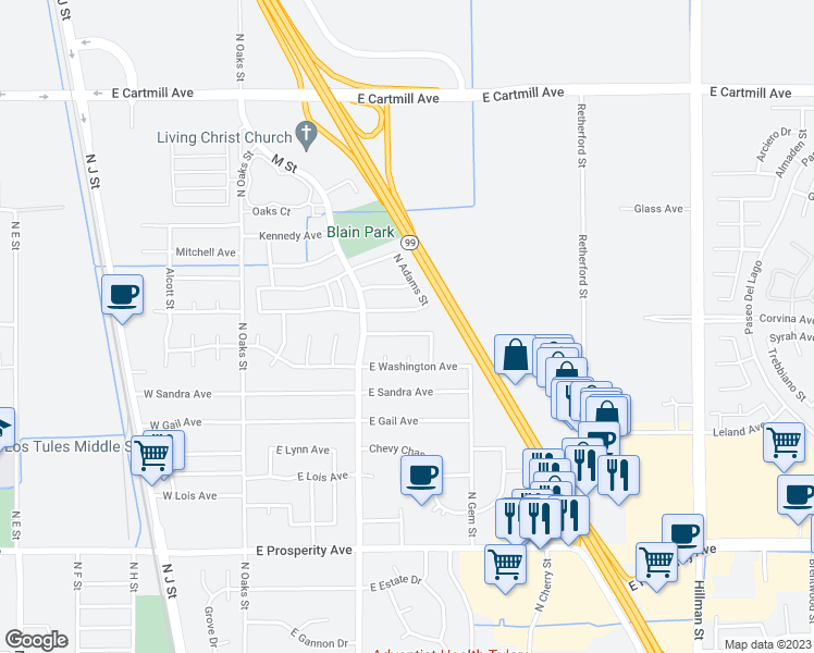 map of restaurants, bars, coffee shops, grocery stores, and more near 446 East Roosevelt Avenue in Tulare