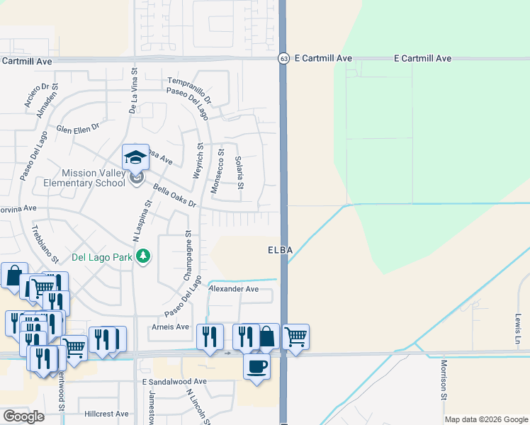 map of restaurants, bars, coffee shops, grocery stores, and more near 2103 Bella Oaks Drive in Tulare