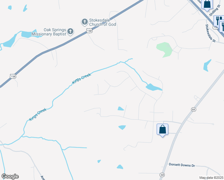 map of restaurants, bars, coffee shops, grocery stores, and more near 7821 Backridge Drive in Stokesdale