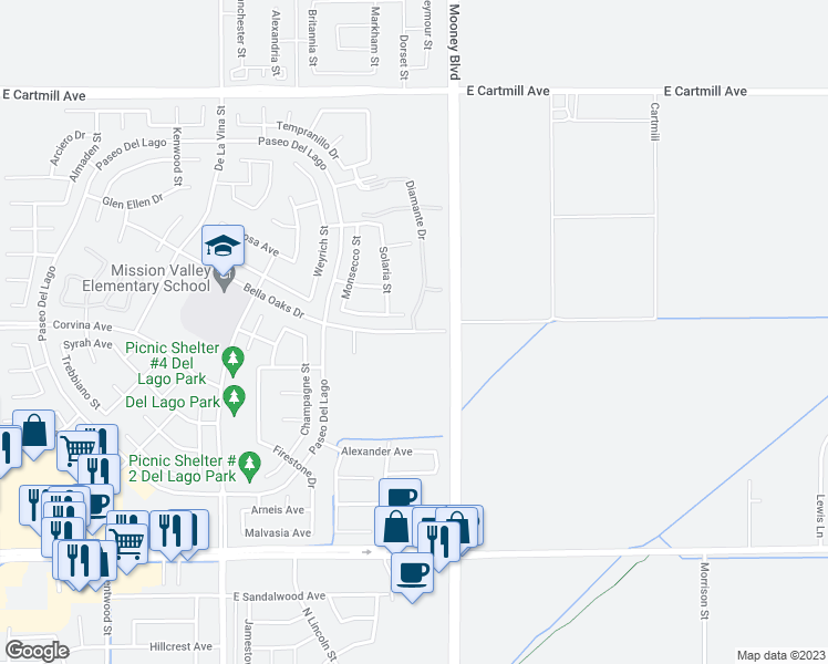 map of restaurants, bars, coffee shops, grocery stores, and more near 2097 Bella Oaks Drive in Tulare