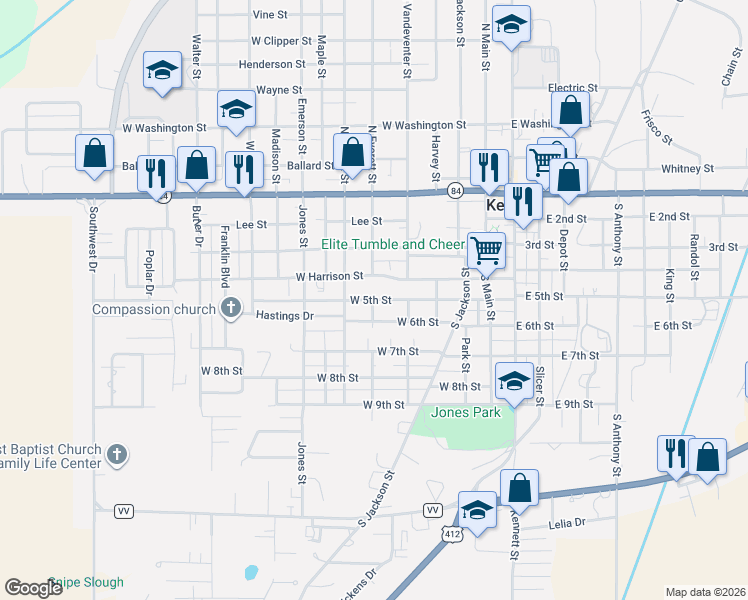 map of restaurants, bars, coffee shops, grocery stores, and more near 501 South Everett Street in Kennett