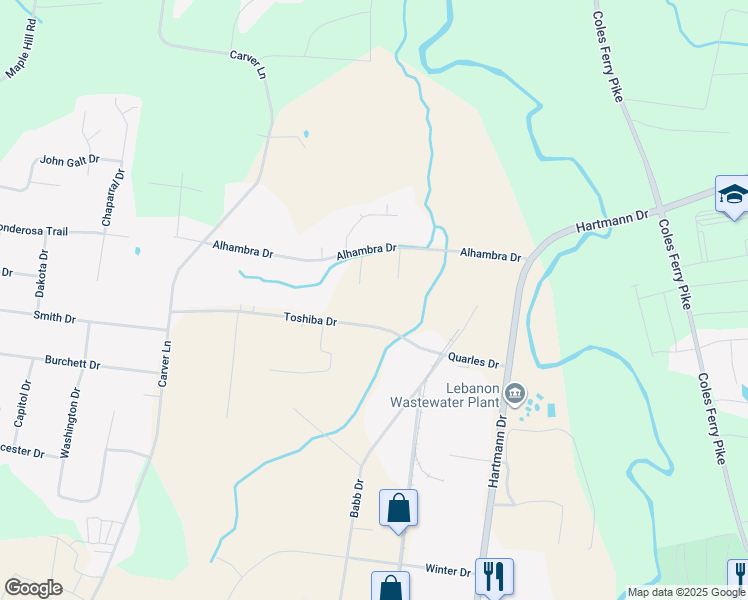 map of restaurants, bars, coffee shops, grocery stores, and more near 1407 Toshiba Drive in Lebanon