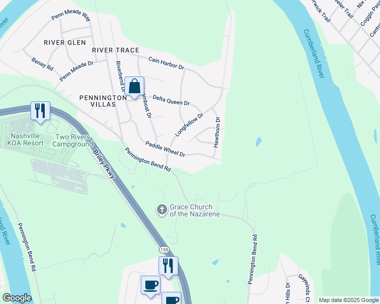 map of restaurants, bars, coffee shops, grocery stores, and more near 2833 Paddle Wheel Drive in Nashville