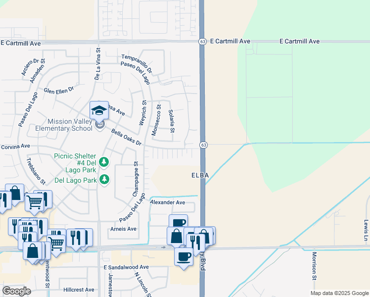 map of restaurants, bars, coffee shops, grocery stores, and more near 2111 Bella Oaks Drive in Tulare