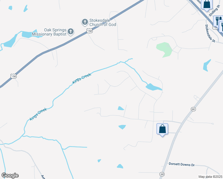 map of restaurants, bars, coffee shops, grocery stores, and more near 7821 Backridge Drive in Stokesdale