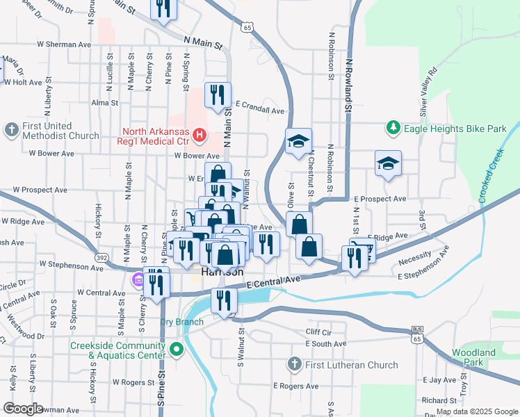 map of restaurants, bars, coffee shops, grocery stores, and more near 398 North Sycamore Street in Harrison