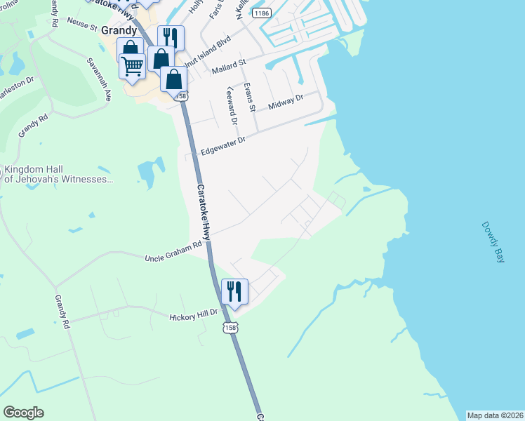 map of restaurants, bars, coffee shops, grocery stores, and more near 116 Soundside Estates Drive in Grandy