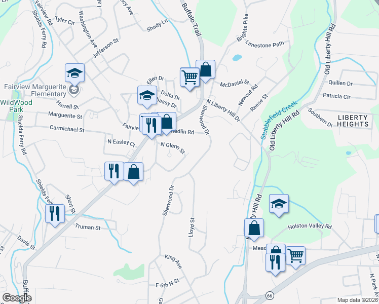 map of restaurants, bars, coffee shops, grocery stores, and more near 1537 Knollwood Drive in Morristown
