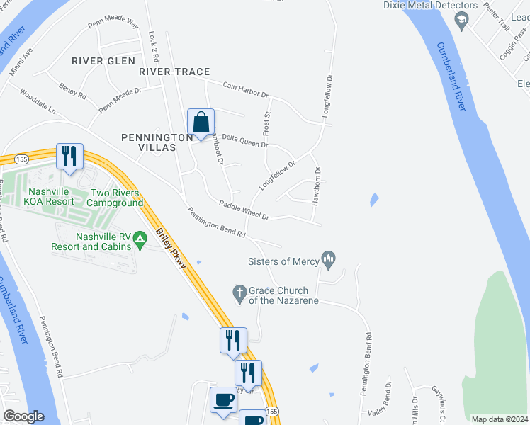 map of restaurants, bars, coffee shops, grocery stores, and more near 2813 Paddle Wheel Drive in Nashville