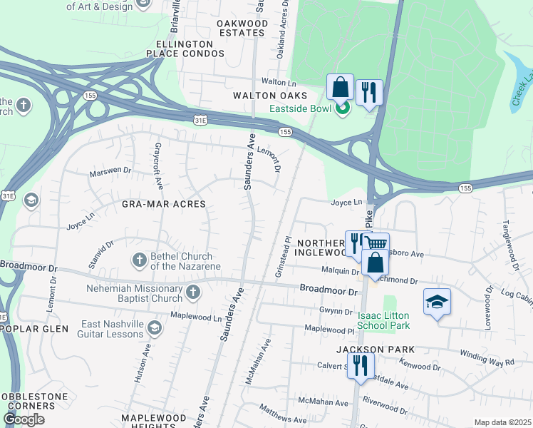 map of restaurants, bars, coffee shops, grocery stores, and more near 4418 Saunders Avenue in Nashville