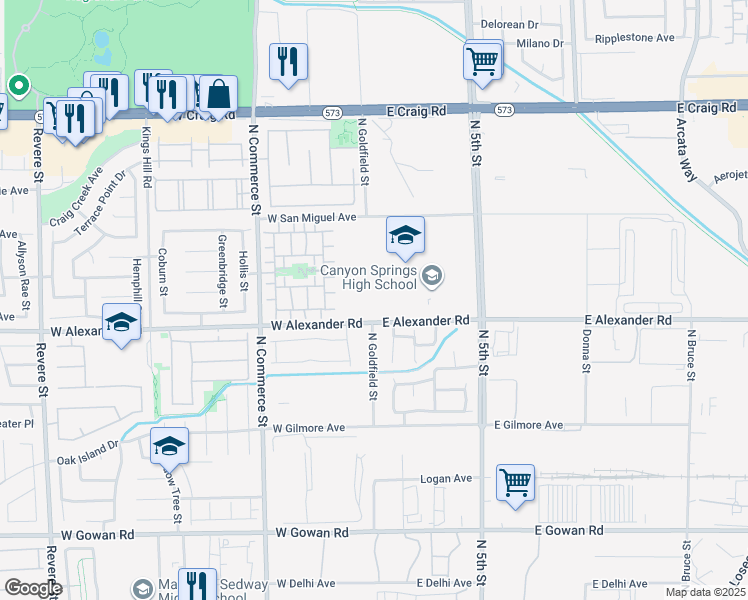 map of restaurants, bars, coffee shops, grocery stores, and more near 350 East Alexander Road in North Las Vegas