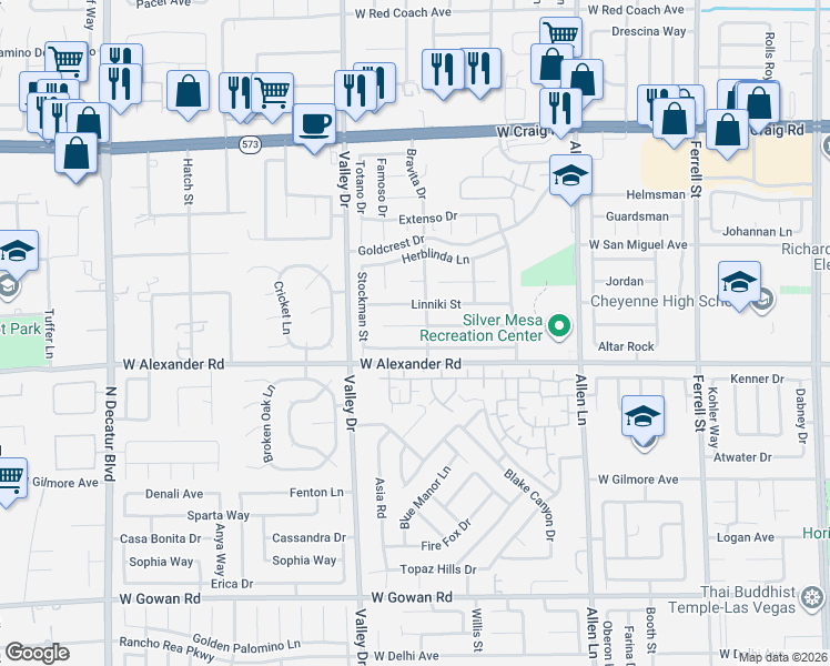 map of restaurants, bars, coffee shops, grocery stores, and more near 4103 Redfield Avenue in North Las Vegas