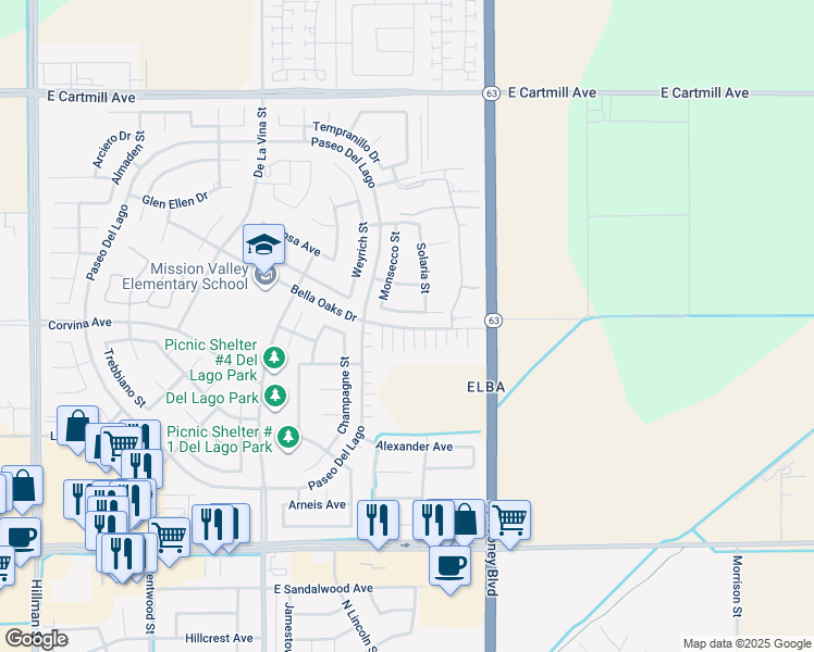 map of restaurants, bars, coffee shops, grocery stores, and more near 2001 Bella Oaks Drive in Tulare