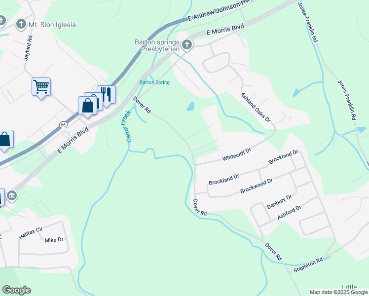 map of restaurants, bars, coffee shops, grocery stores, and more near 374 Dover Road in Morristown