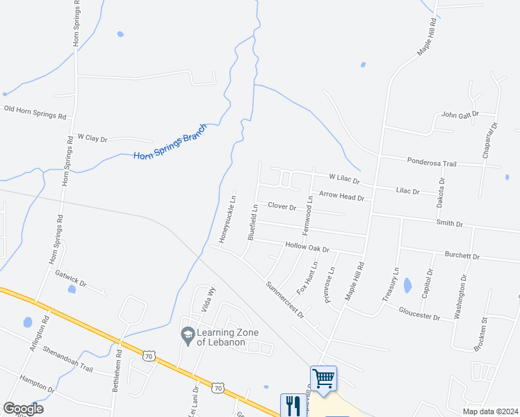 map of restaurants, bars, coffee shops, grocery stores, and more near 227 Bluefield Lane in Lebanon