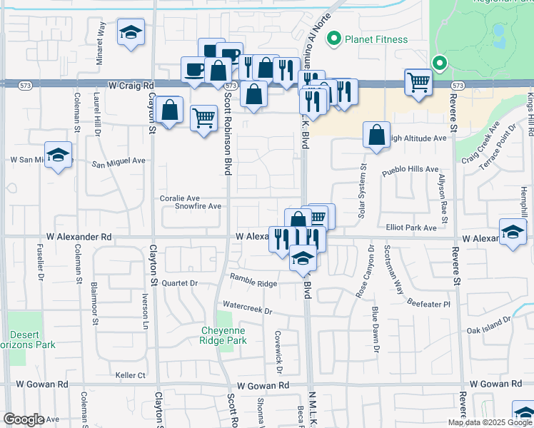 map of restaurants, bars, coffee shops, grocery stores, and more near 1625 Guyot Court in North Las Vegas