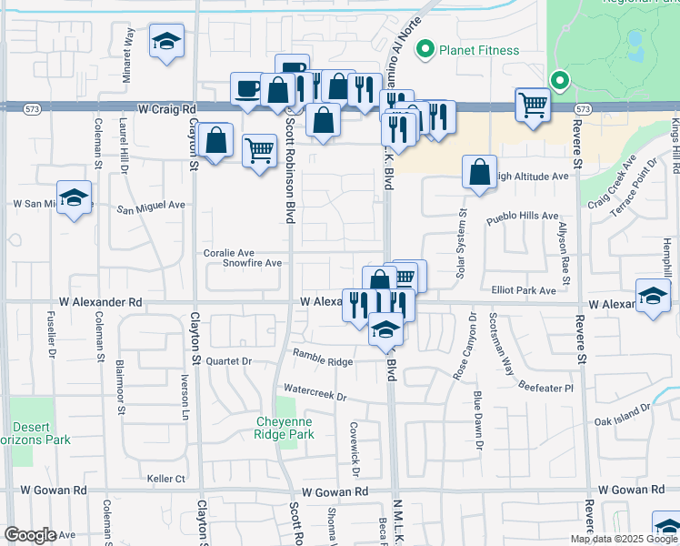 map of restaurants, bars, coffee shops, grocery stores, and more near 1625 Guyot Court in North Las Vegas