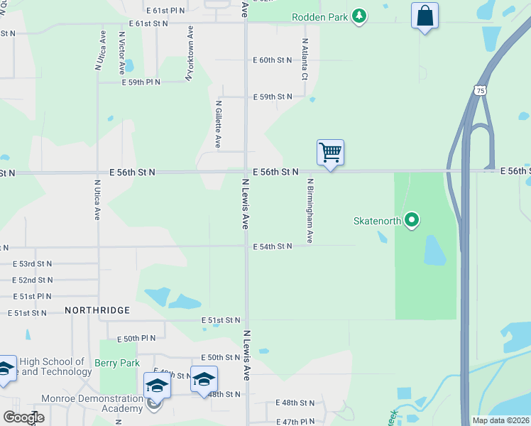 map of restaurants, bars, coffee shops, grocery stores, and more near 2451 East 54th Street North in Tulsa