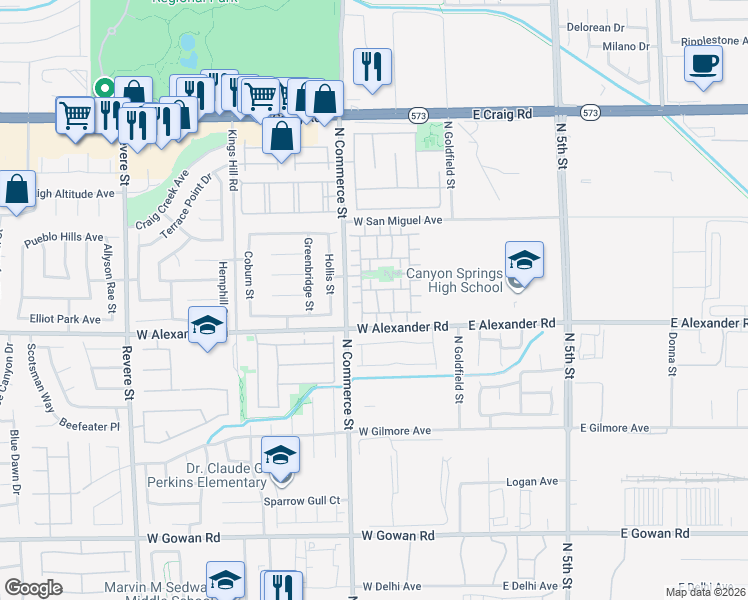 map of restaurants, bars, coffee shops, grocery stores, and more near 4009 Joyous Street in North Las Vegas