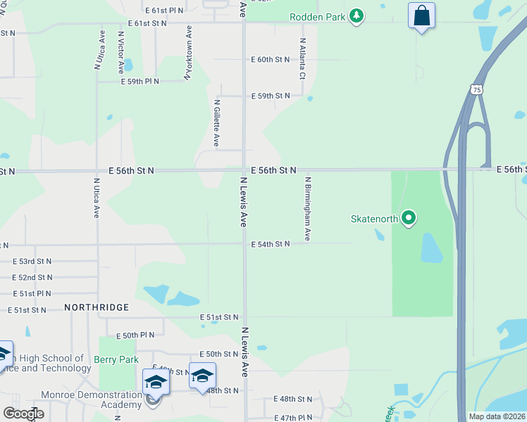 map of restaurants, bars, coffee shops, grocery stores, and more near 2451 East 54th Street North in Tulsa