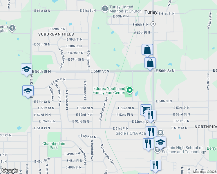 map of restaurants, bars, coffee shops, grocery stores, and more near 5437 North Johnstown Avenue in Tulsa