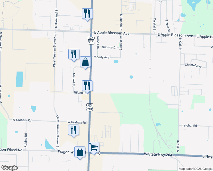 map of restaurants, bars, coffee shops, grocery stores, and more near 5872 North Thompson Street in Bethel Heights