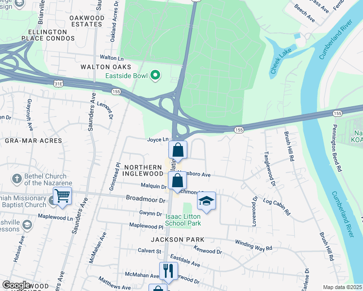 map of restaurants, bars, coffee shops, grocery stores, and more near 1109 Inglewood Drive in Nashville