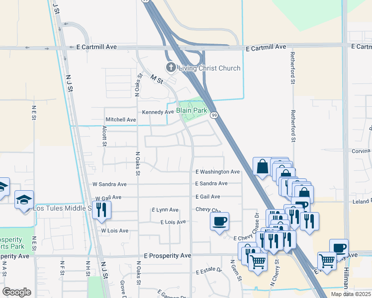 map of restaurants, bars, coffee shops, grocery stores, and more near 377 Jackson Avenue in Tulare