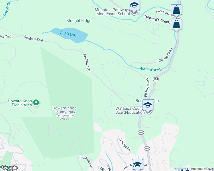 map of restaurants, bars, coffee shops, grocery stores, and more near 415 Rainbow Trail in Boone
