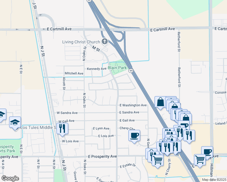 map of restaurants, bars, coffee shops, grocery stores, and more near 377 Jackson Avenue in Tulare