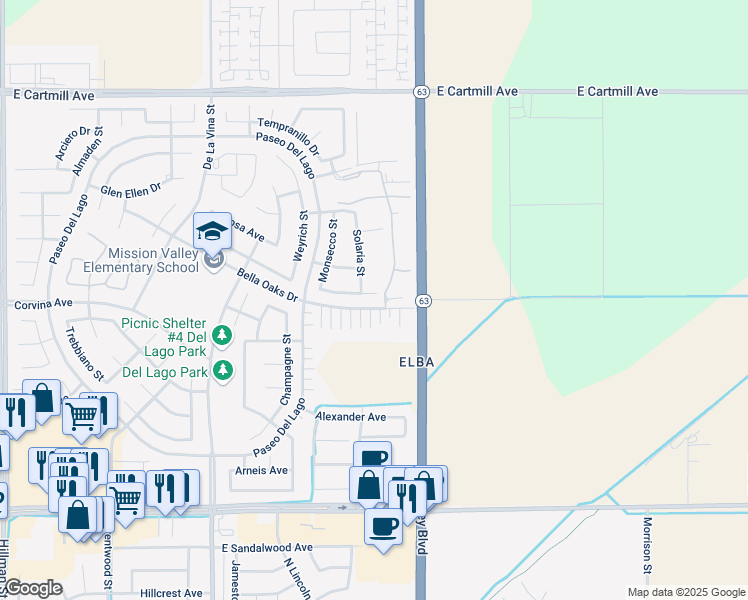 map of restaurants, bars, coffee shops, grocery stores, and more near 2011 Concord Avenue in Tulare