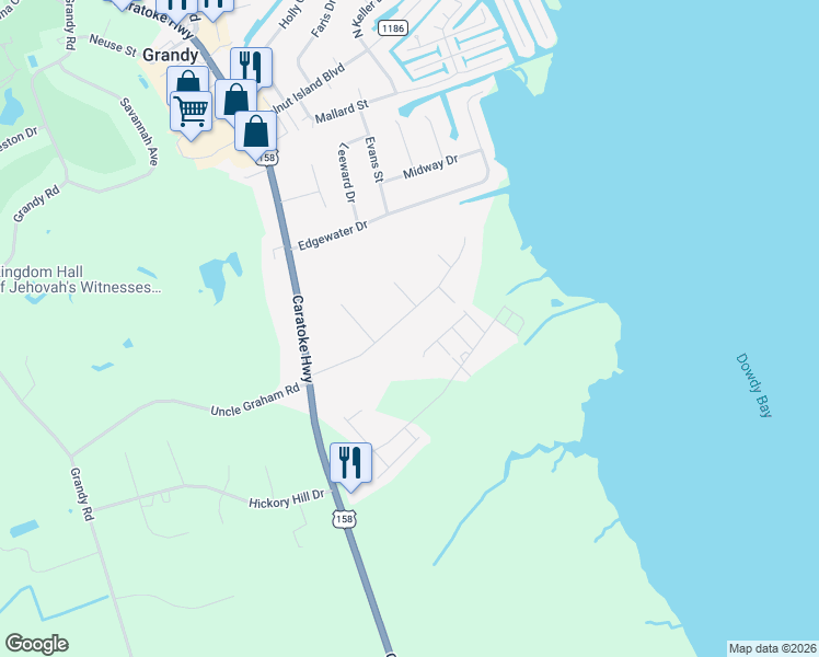 map of restaurants, bars, coffee shops, grocery stores, and more near 116 Soundside Estates Drive in Currituck