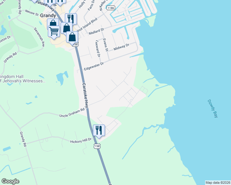 map of restaurants, bars, coffee shops, grocery stores, and more near 116 Soundside Estates Drive in Currituck