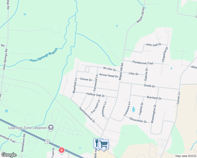 map of restaurants, bars, coffee shops, grocery stores, and more near 1717 Clover Drive in Lebanon