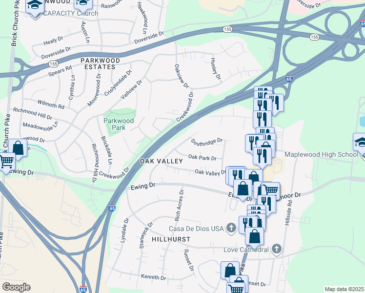map of restaurants, bars, coffee shops, grocery stores, and more near 152 Oak Park Drive in Nashville